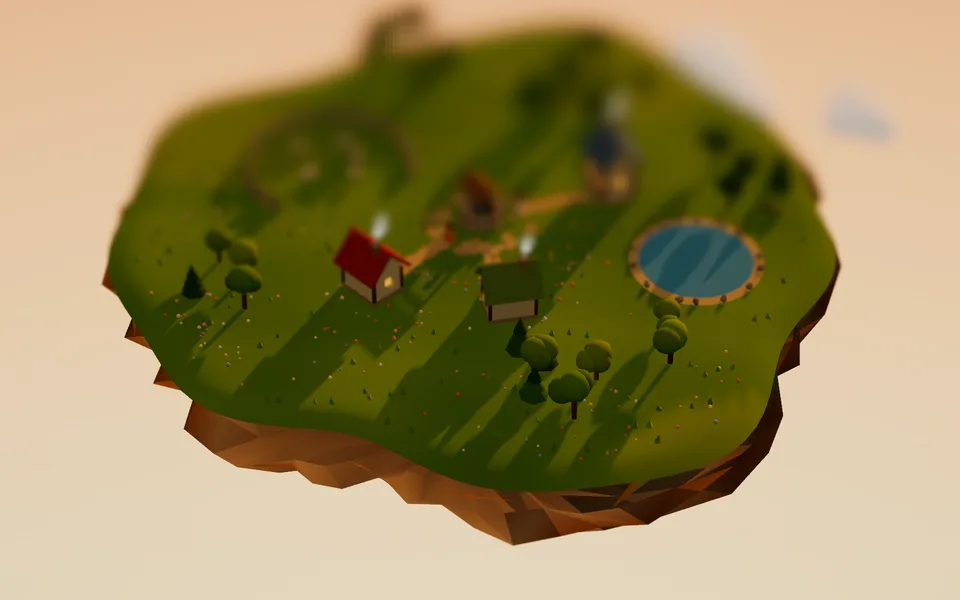 A small floating island village at golden hour, with red-roofed cottages, trees and a round pond